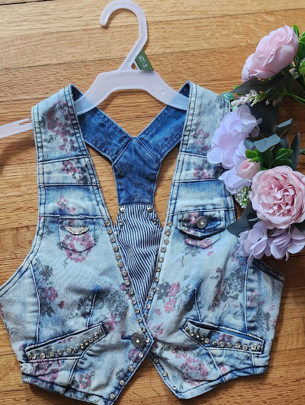 Floral Denim Crop Vest Studded Racerback Size XS